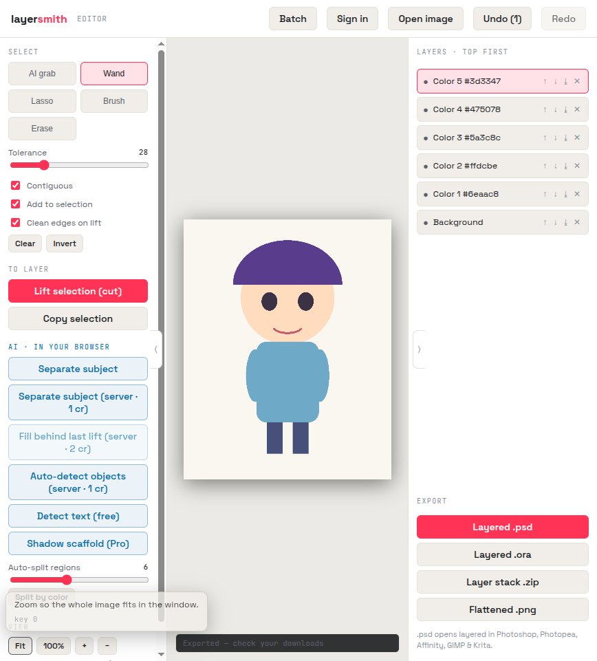 Character art split into part layers in the editor