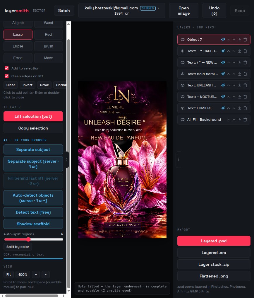 Editor showing a perfume ad separated into six named text layers over a filled background