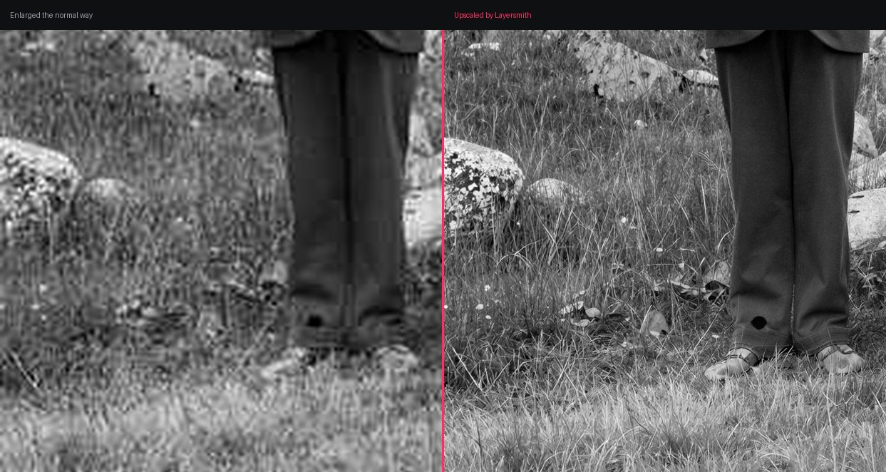 Side by side: a photo enlarged conventionally is blurred, while the Layersmith upscale resolves individual blades of grass and texture on the rocks