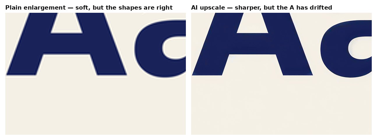 Side by side: a plain enlargement of a letter A next to an AI upscale of the same letter, where the AI version is sharper but the letterform is visibly distorted